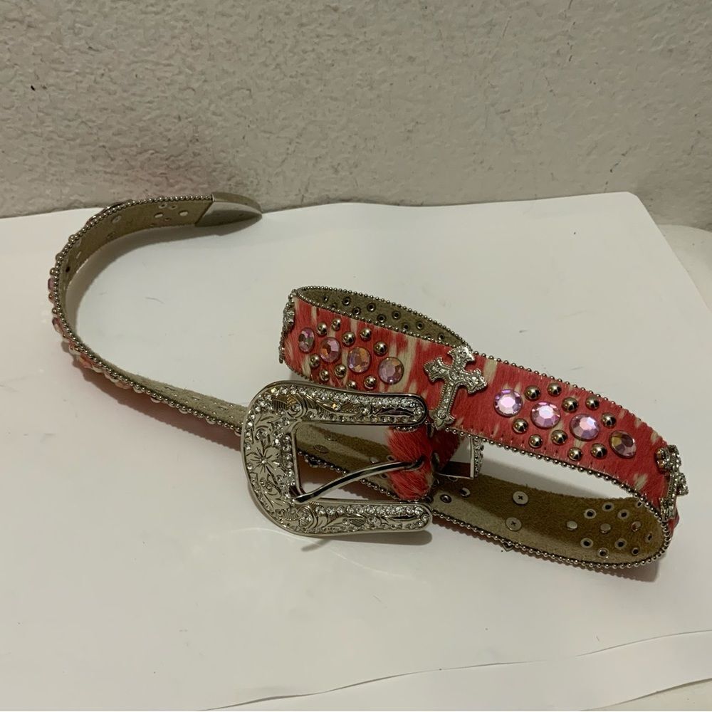 CW Belt pink calf hair country style jeweled cross size medium